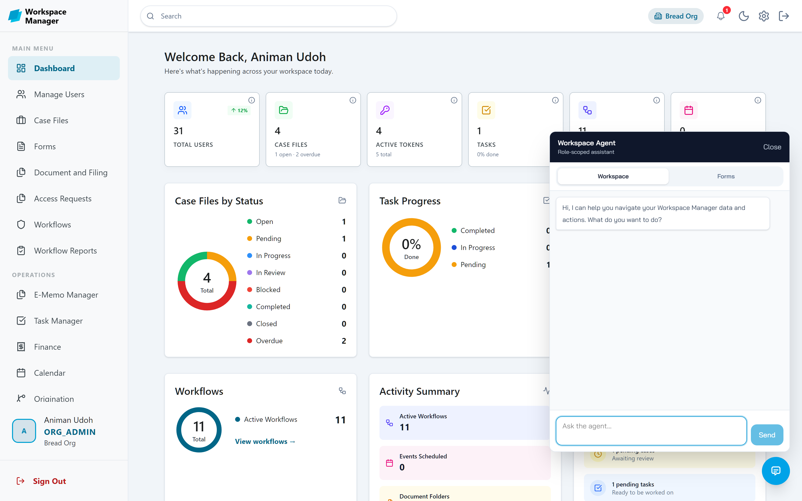 The Workspace Agent chat panel open on the dashboard