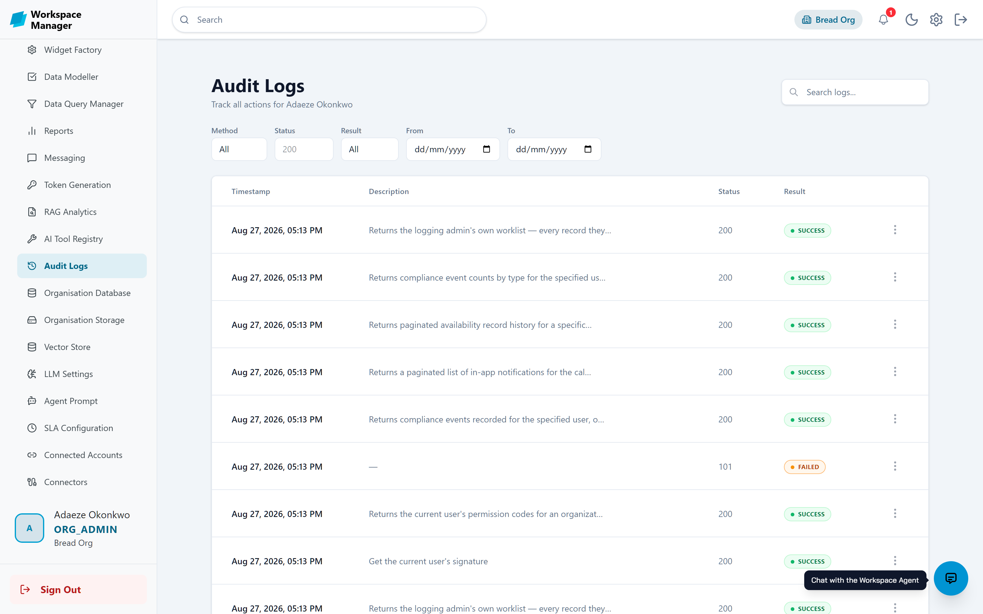 Audit Logs page tracking every user action with method, path, and result
