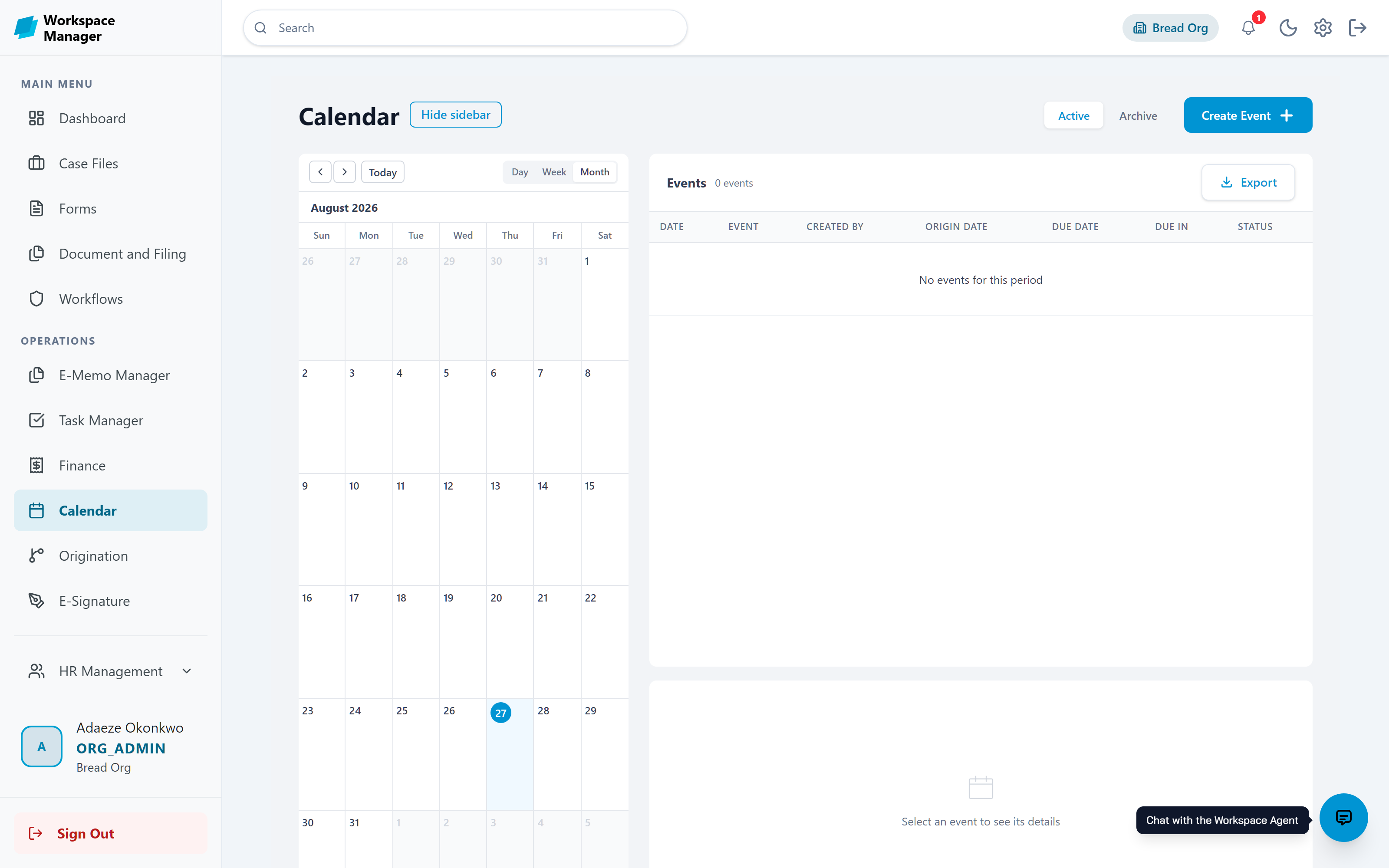 The Calendar showing a month grid with day, week, and month views and event export