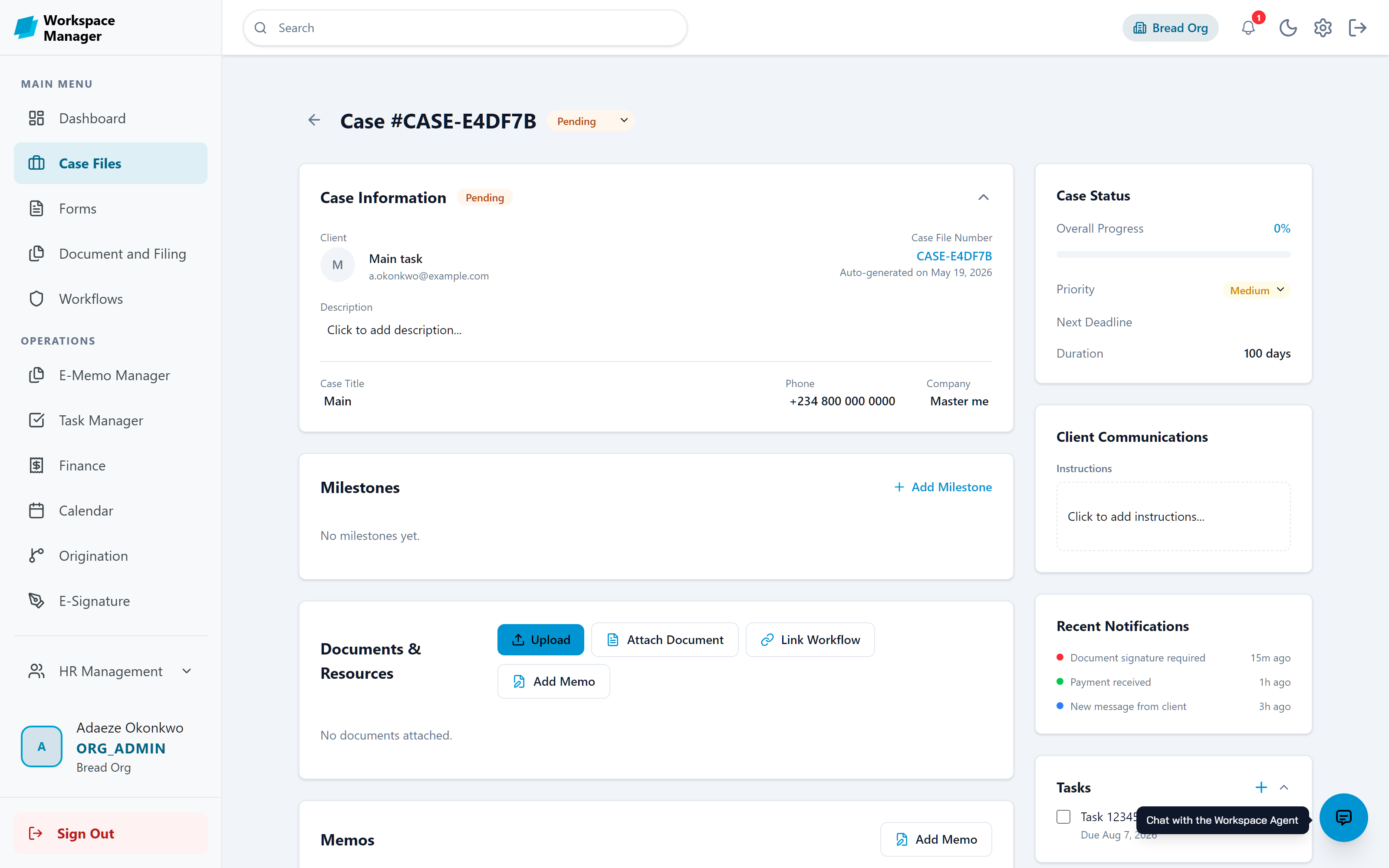 A case file detail view with milestones, documents, memos, tasks, and client communications