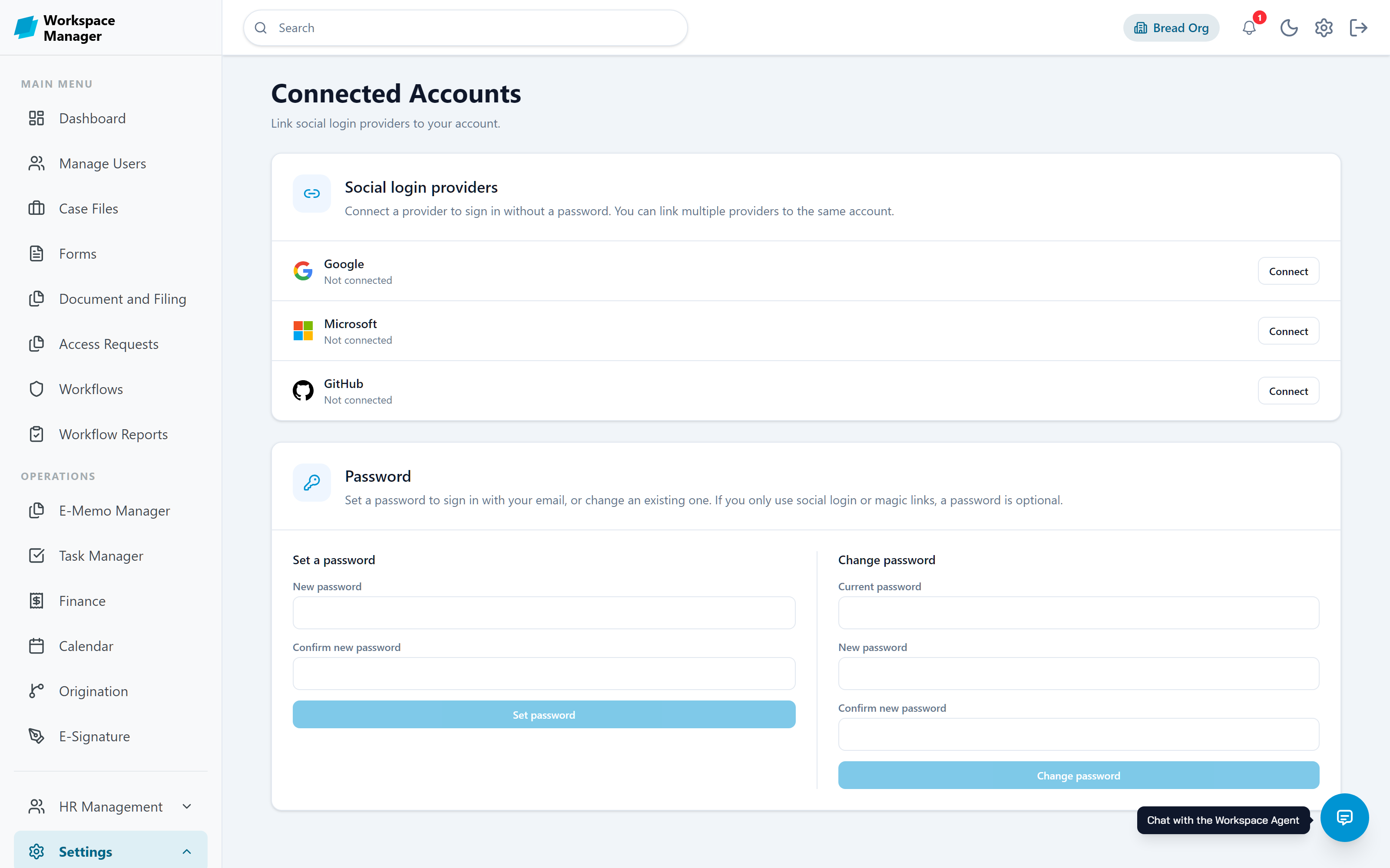Connected Accounts page linking Google, Microsoft, and GitHub to an account