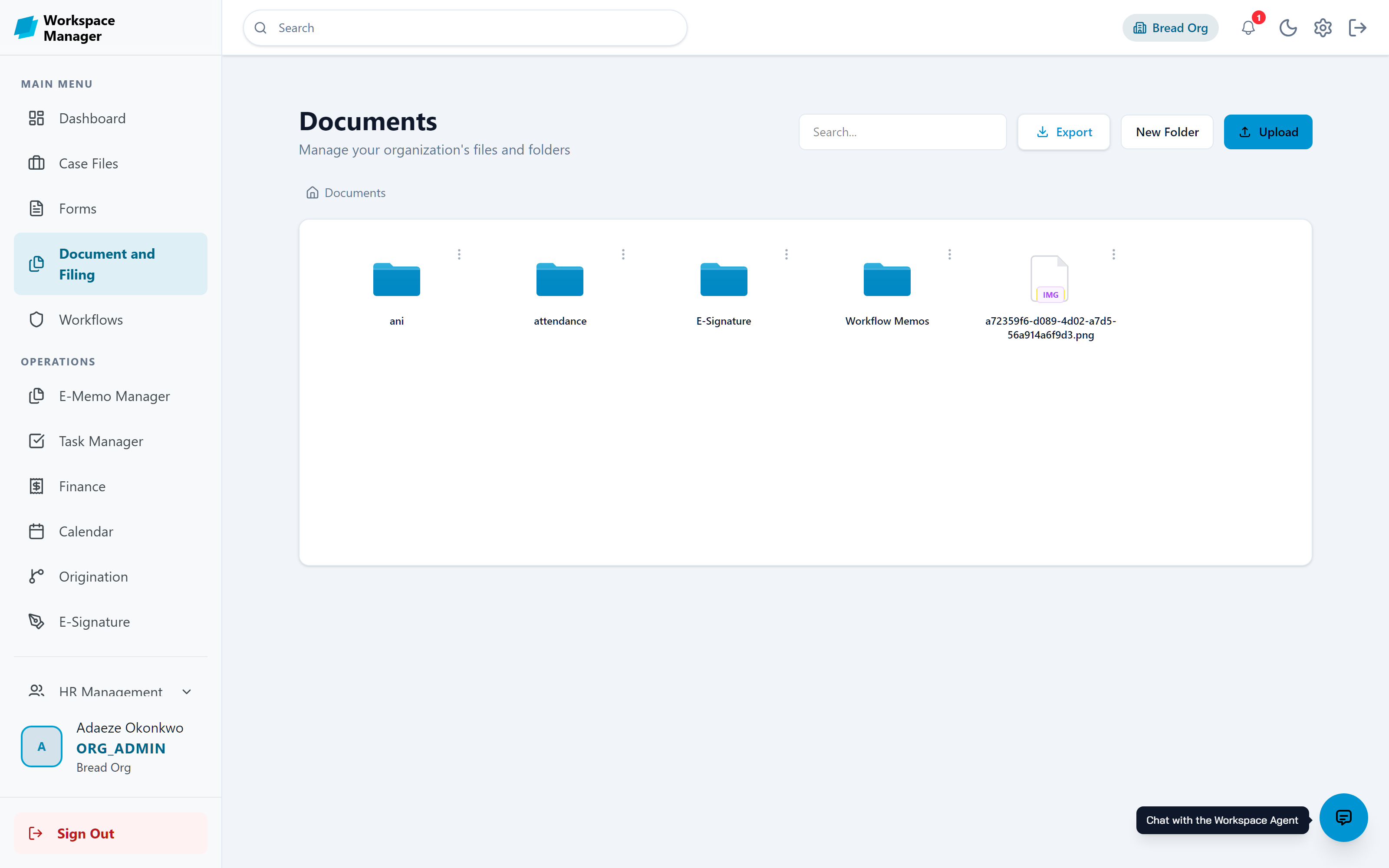 The Documents module showing folders and files with upload and export controls