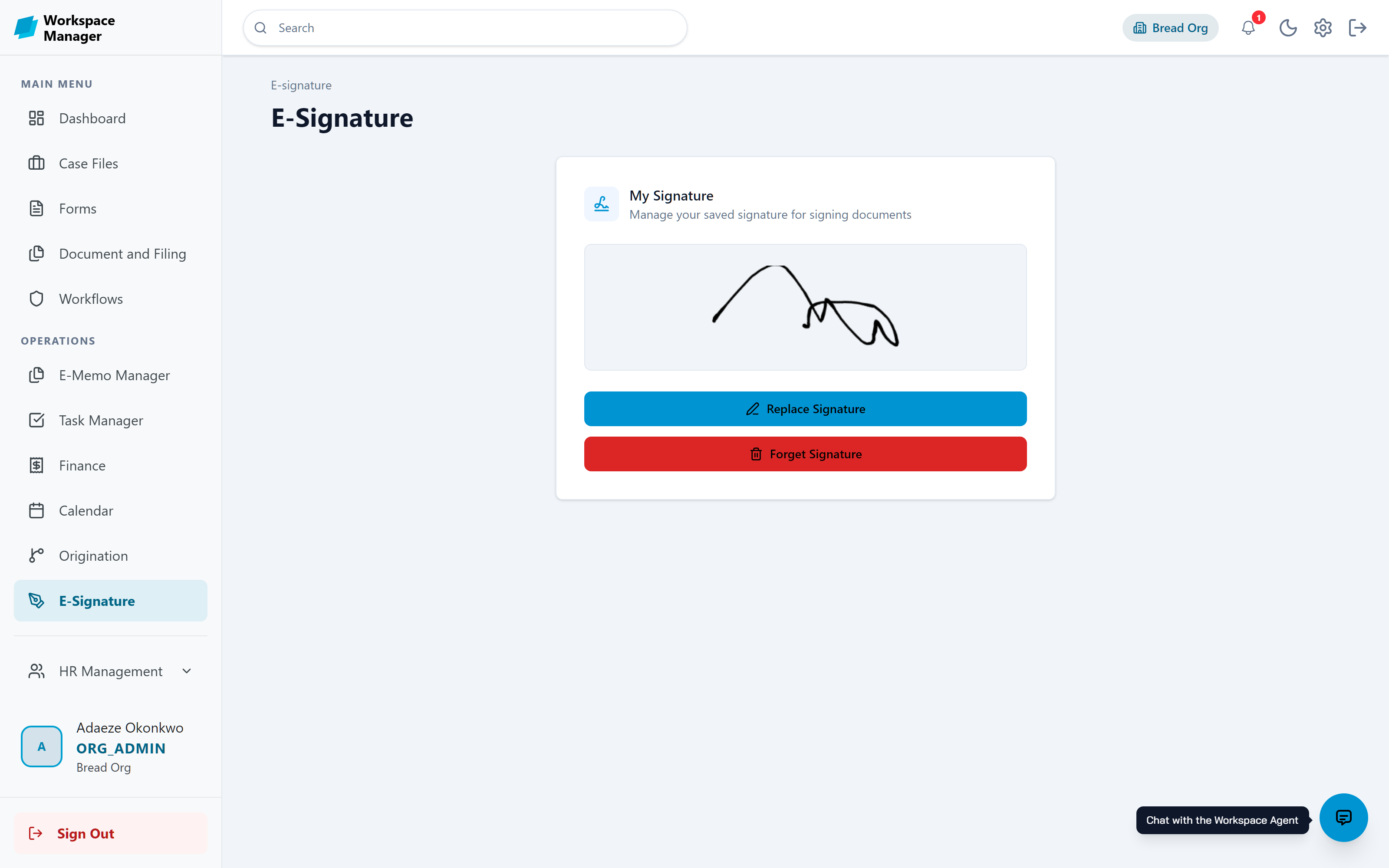 The E-Signature module showing a saved signature with replace and forget options