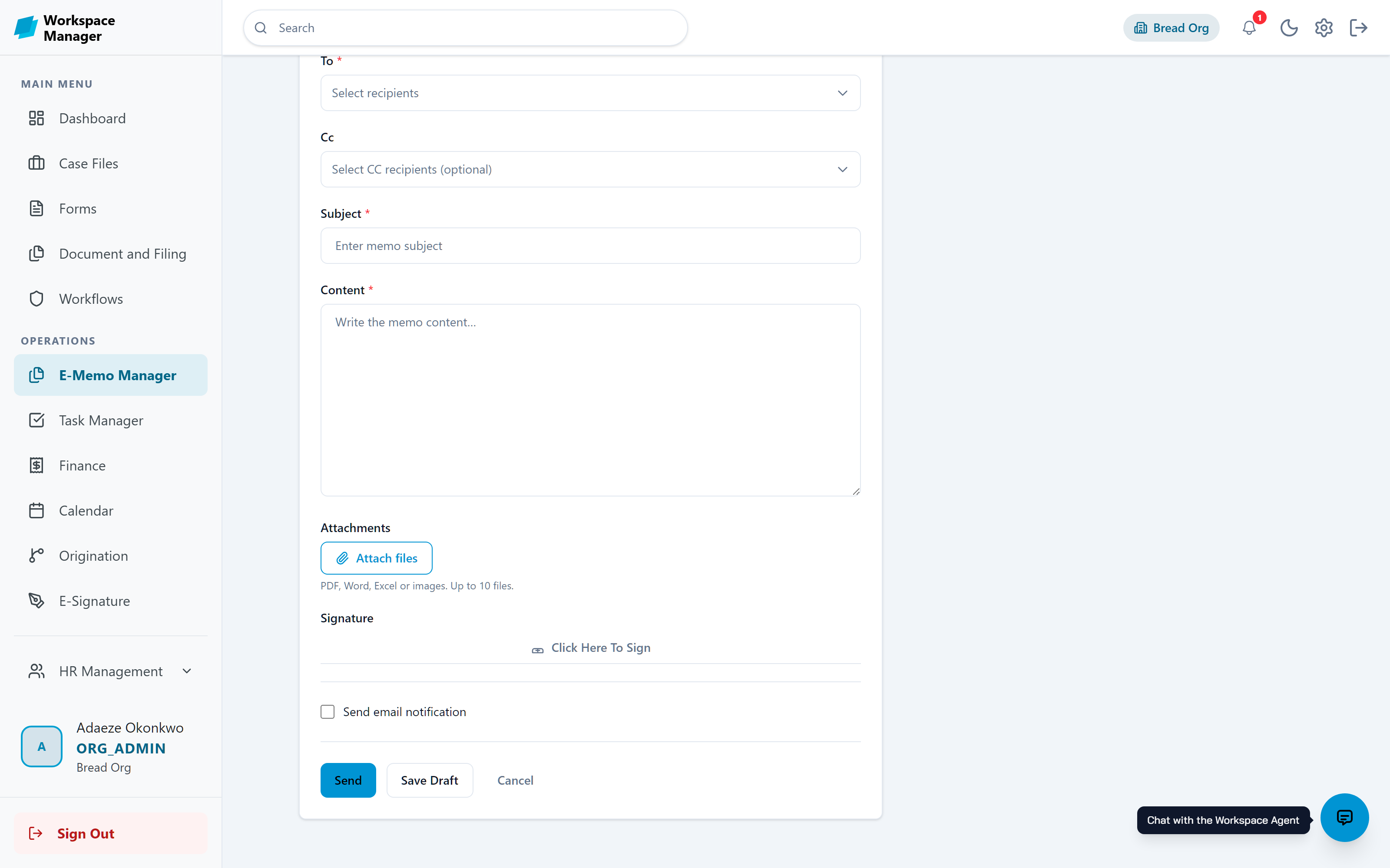 Composing a memo with recipients, attachments, a signature field, and email notification