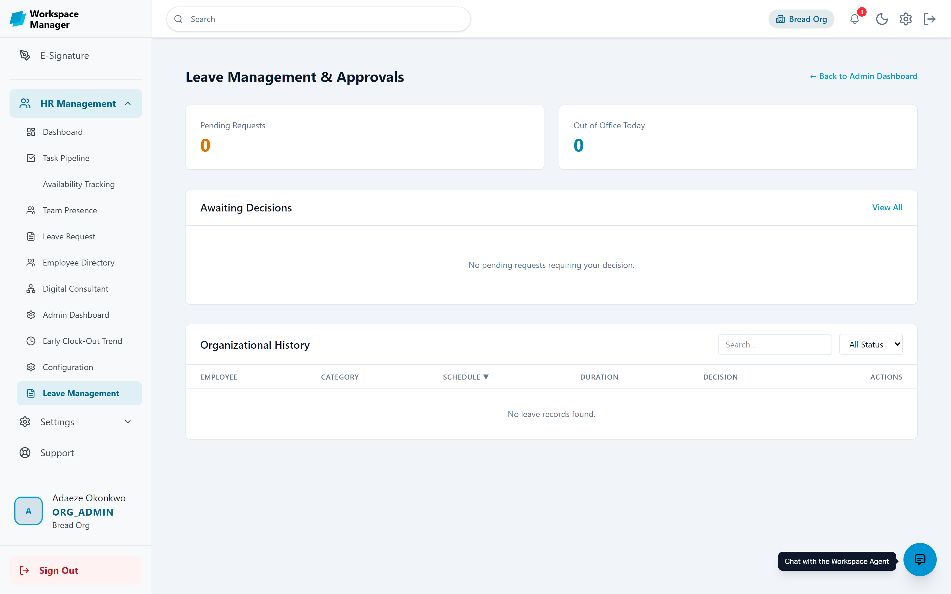 Leave Management and Approvals showing pending requests and organisational leave history