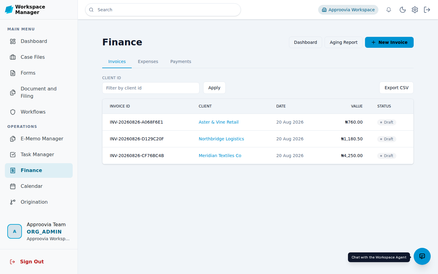 The Finance module showing a list of draft invoices with client, date, and value