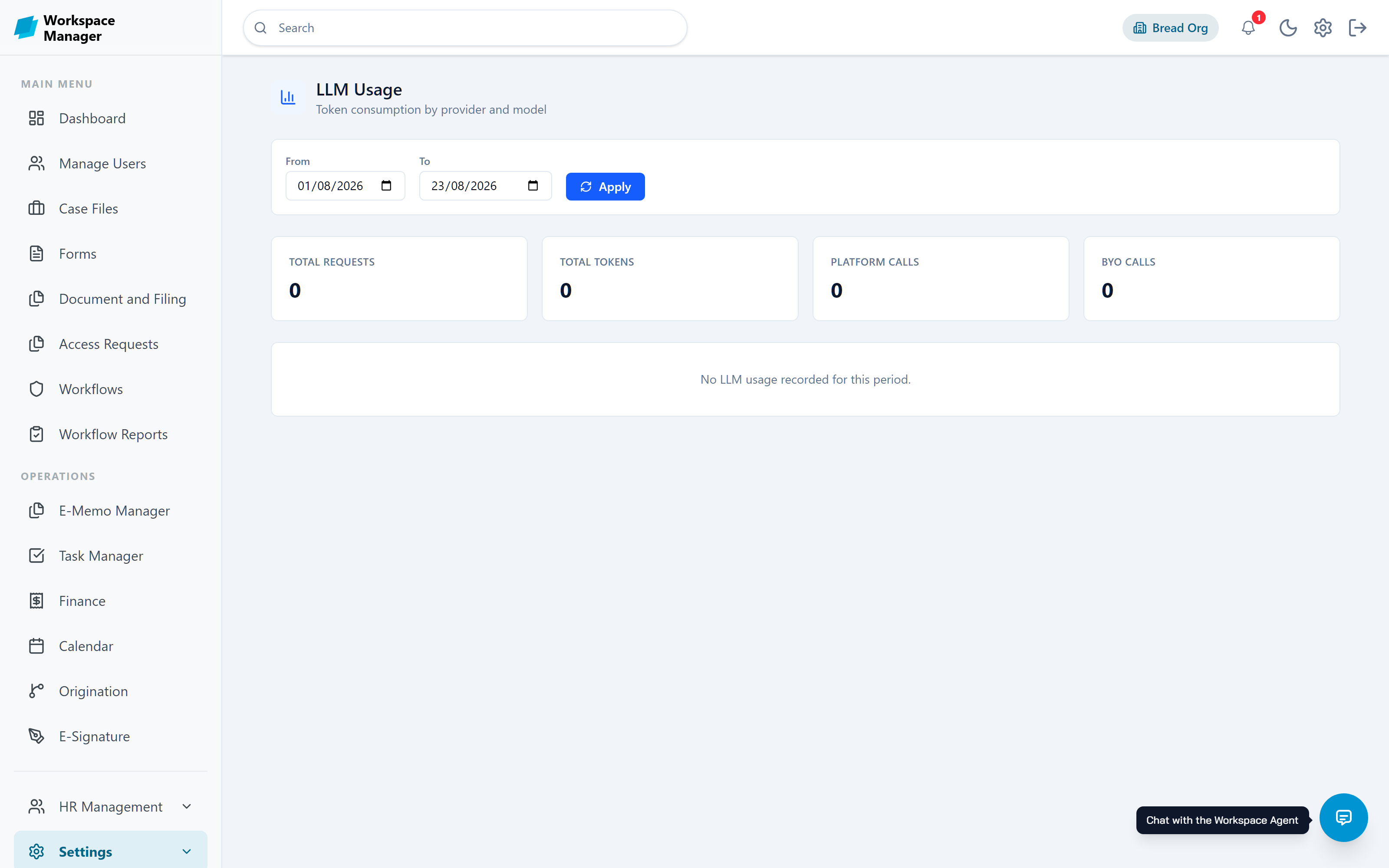 LLM Usage page showing total requests, tokens, and the split between platform and bring-your-own calls