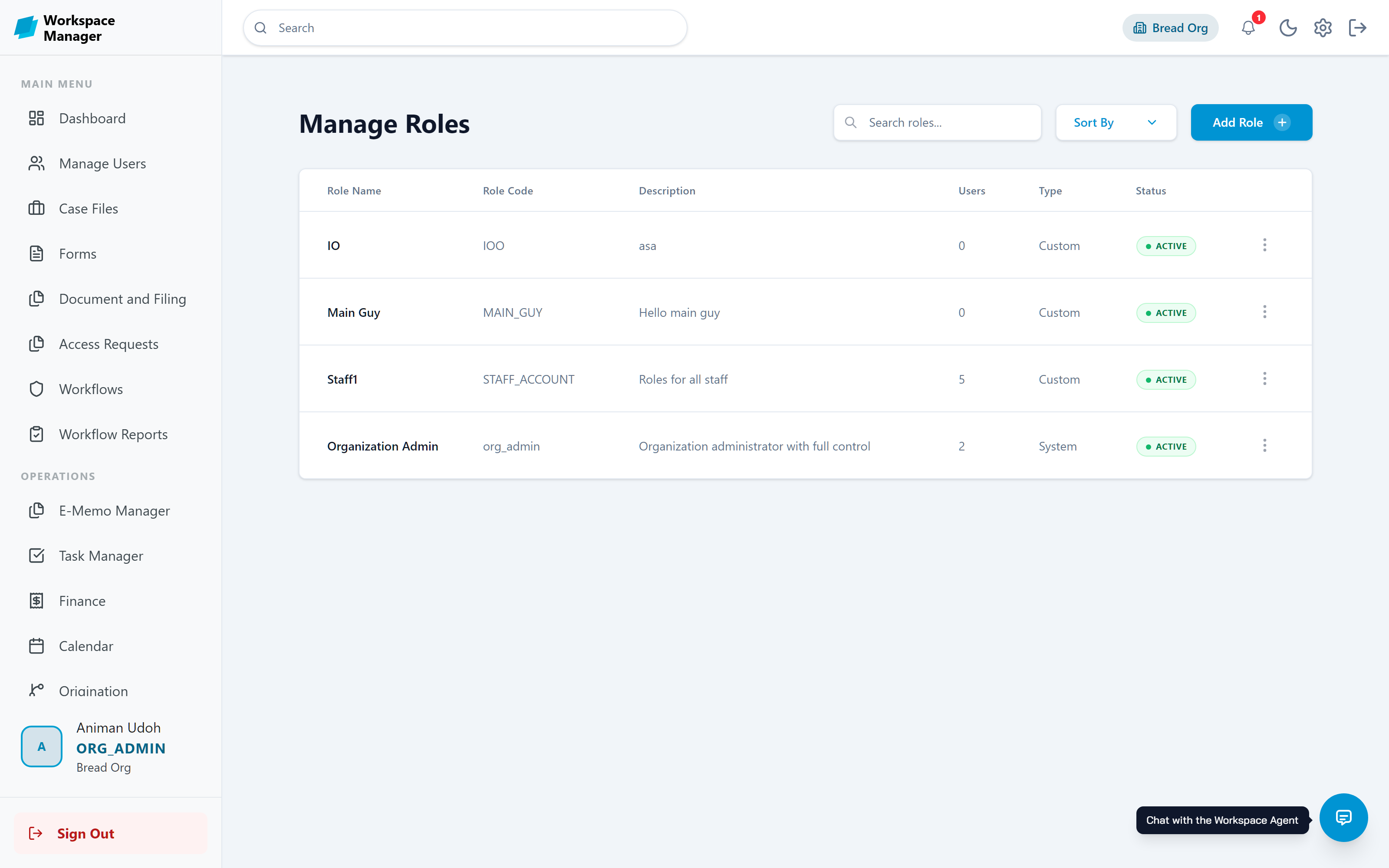 Manage Roles page listing custom and system roles with their codes and status
