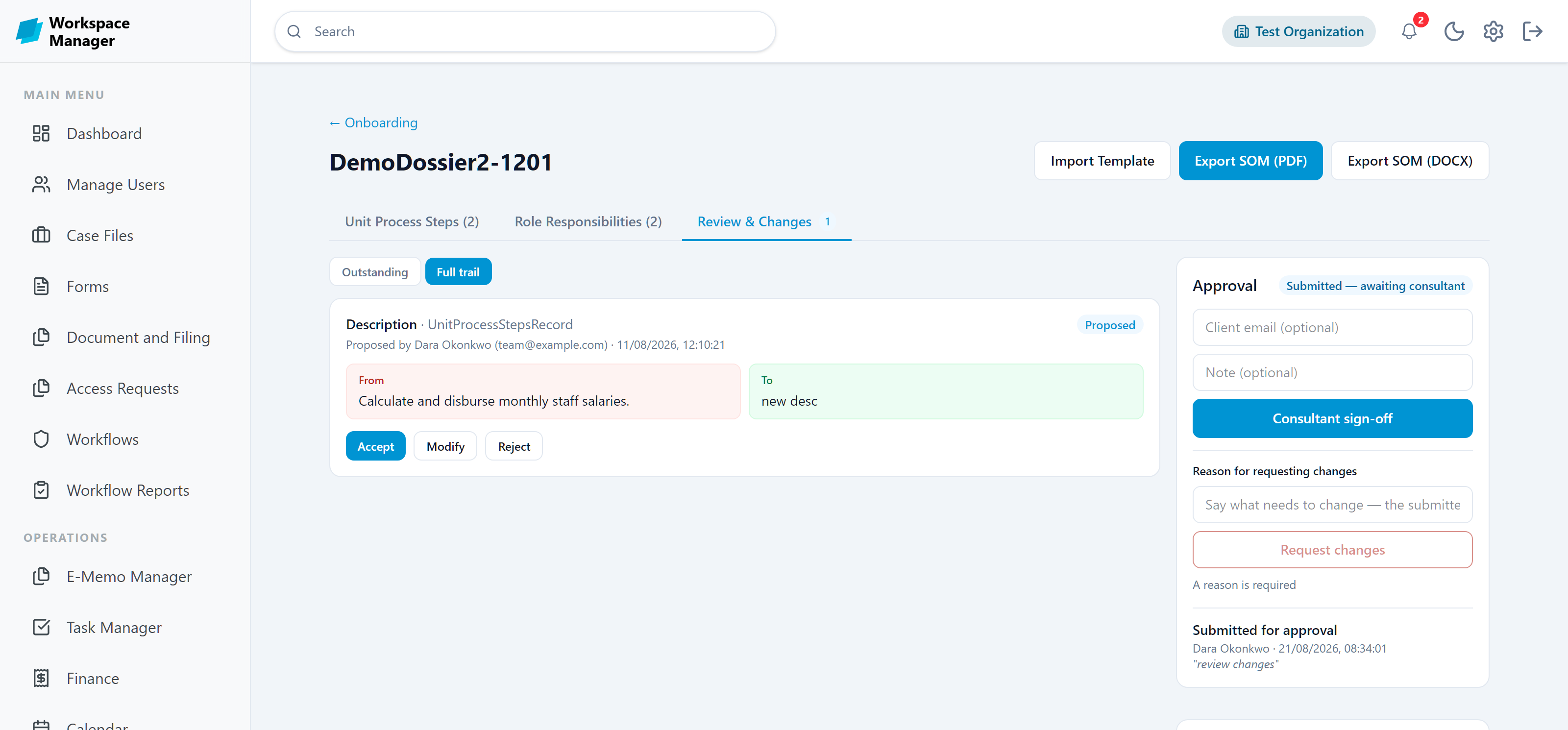 A dossier's Review and Changes tab showing a proposed change with accept, modify, and reject actions beside the approval panel