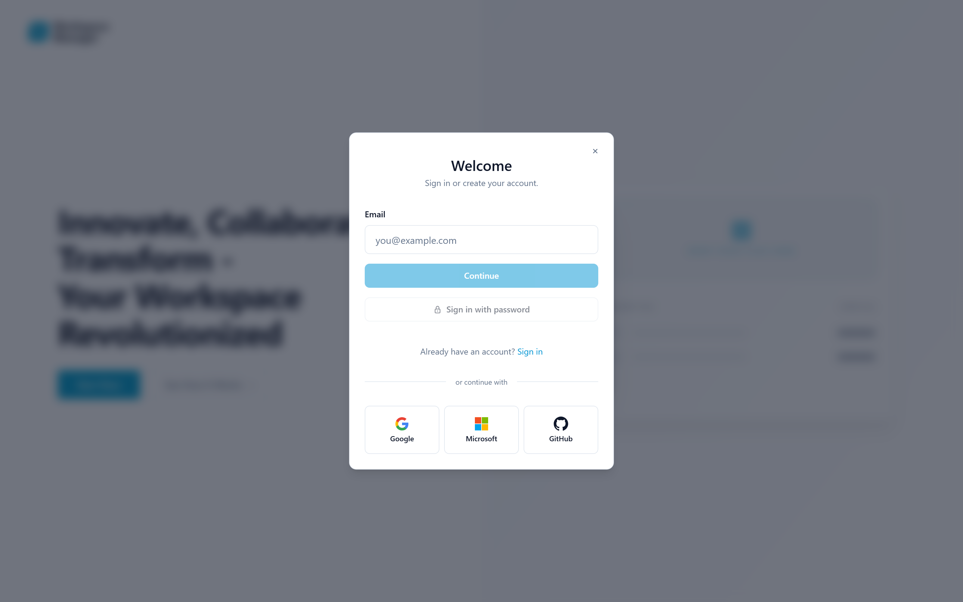 Sign-in screen offering Google, Microsoft, and GitHub single sign-on