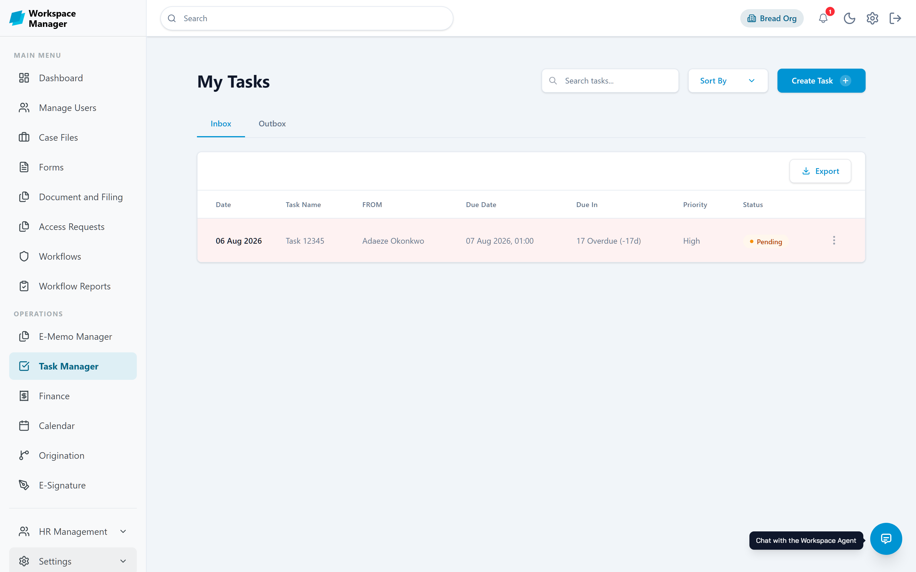 The Task Manager showing a queue of assigned tasks with owners and due dates