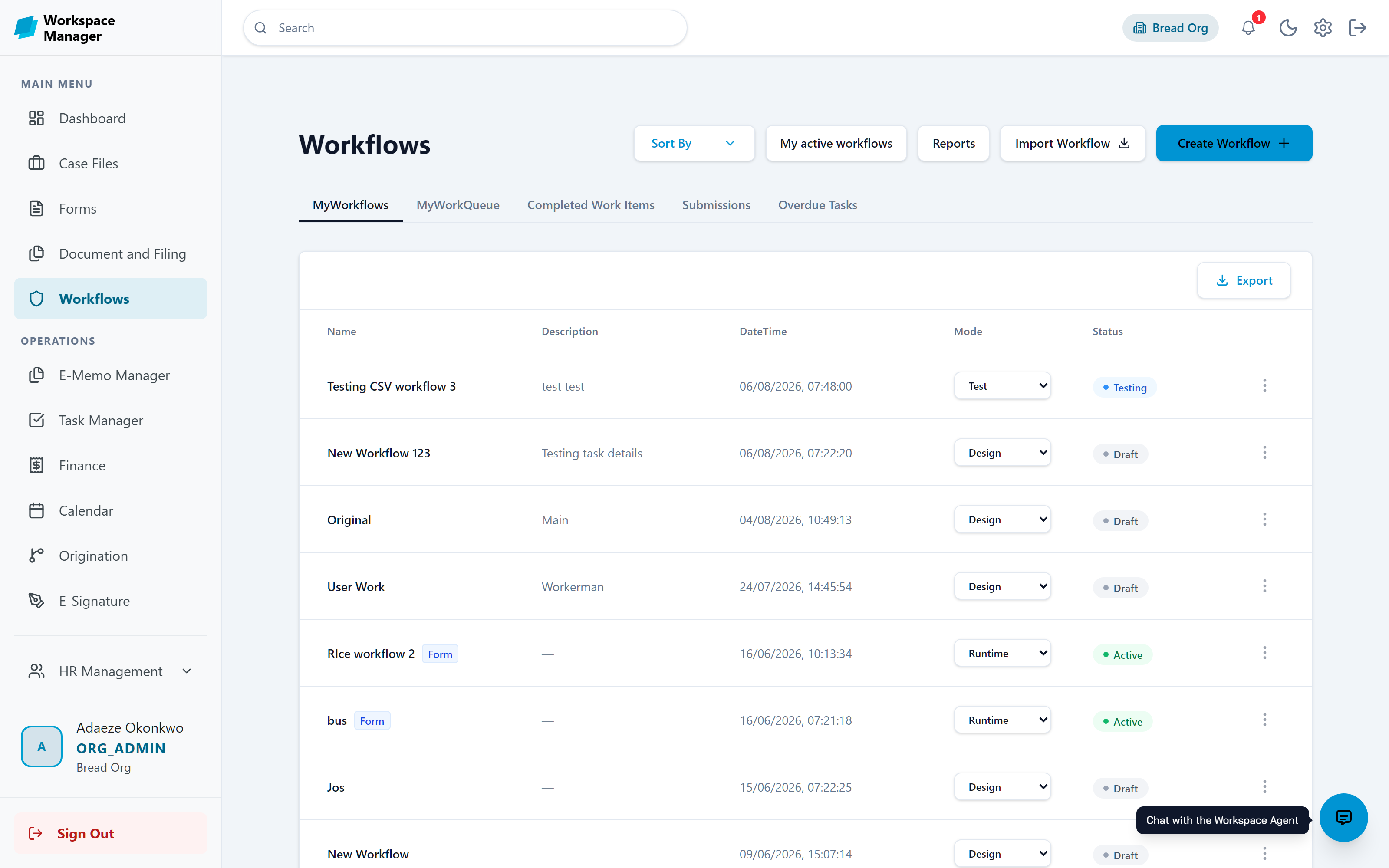 Workflows list showing design, test, and runtime modes with statuses